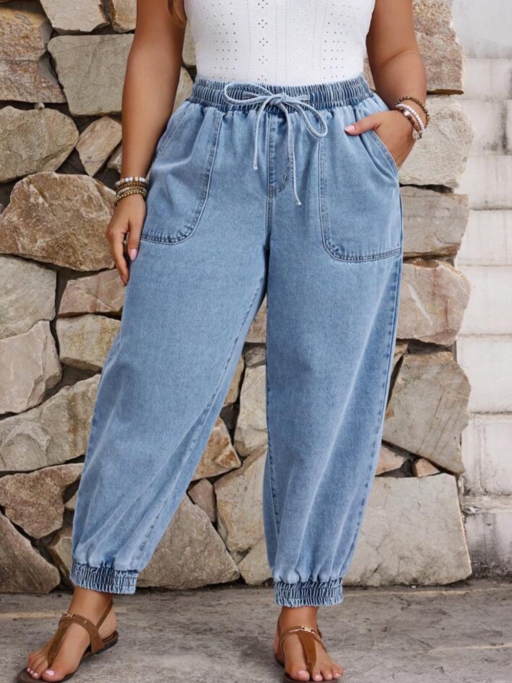 Women's Light Blue Elastic-Waist Boyfriend Jeans